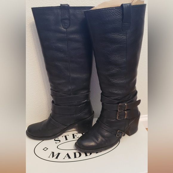 Steve Madden Bruce Black Leather Knee High Boots 9 Buckle and Strapping Detail - Picture 1 of 10